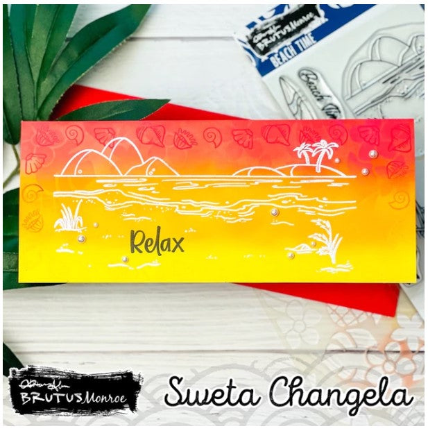 Brutus Monroe - 6x8 Stamp Set - Beach Time. This 16 piece stamp set includes everything you need to create a fabulous beach scene. Available at Embellish away located in Bowmanville Ontario Canada. Card example by Sweta Changela