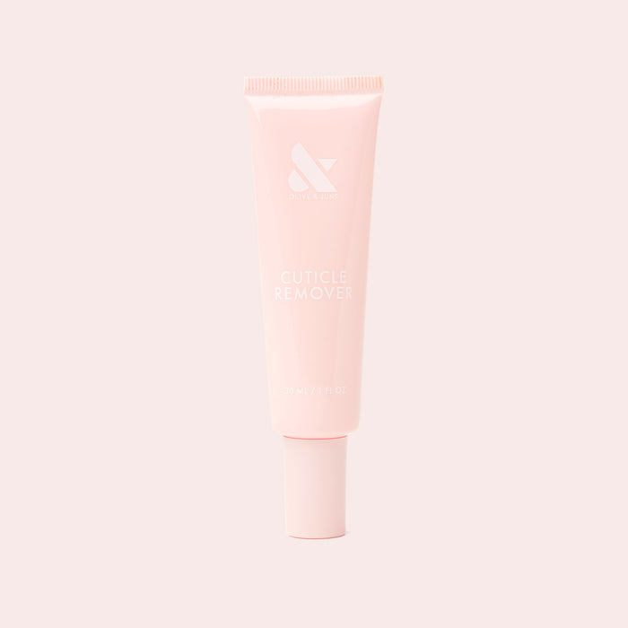 Soft pink tube of Cuticle Remover for gentle exfoliation and safe at home manicure and pedicure prep