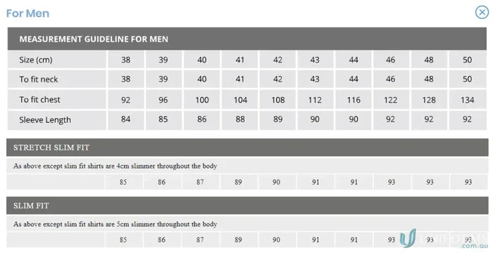 Men’s size chart for Keval Men’s SS Darker Stripe Shirt with measurements and fit notes