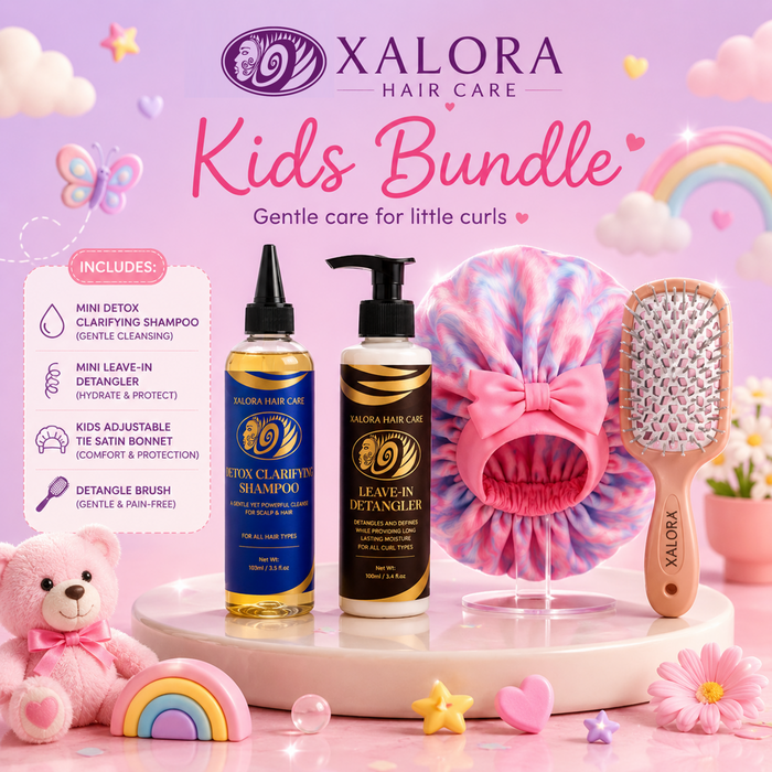 Xalora Kids Bundle hair care products on a pink background with a teddy bear and decorative items.