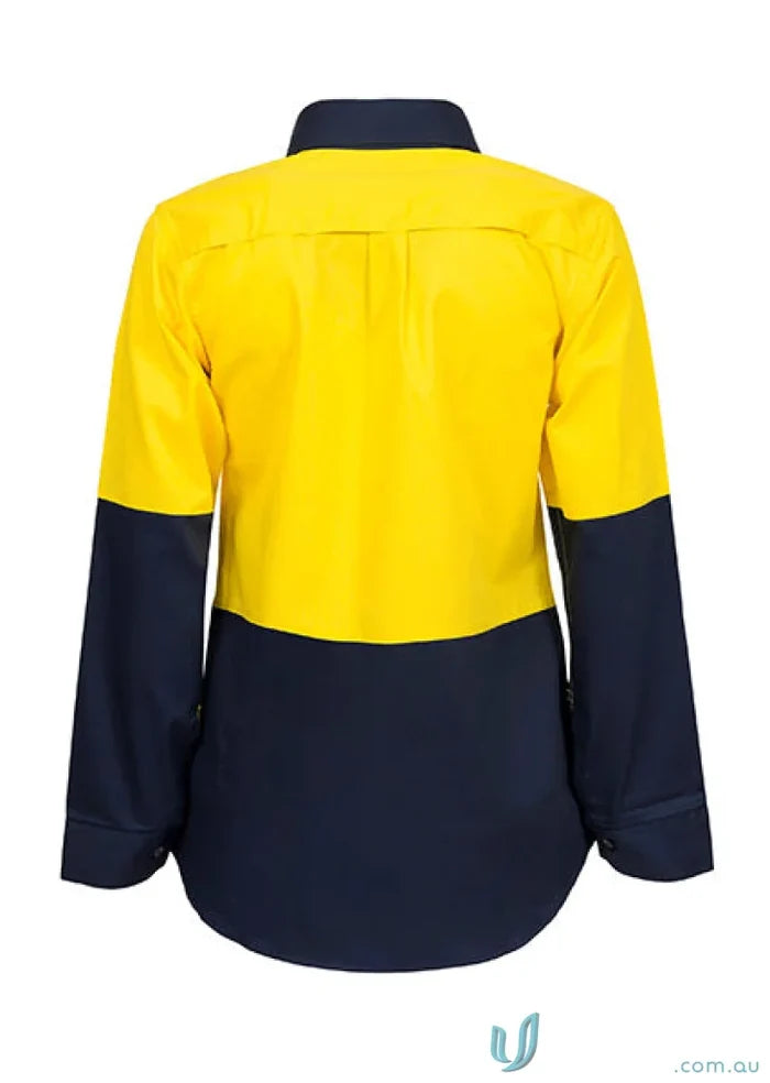 Yellow and navy blue ladies HI VIS 2 Tone Shirt with cotton drill fabric and twin needle stitching for staying cool