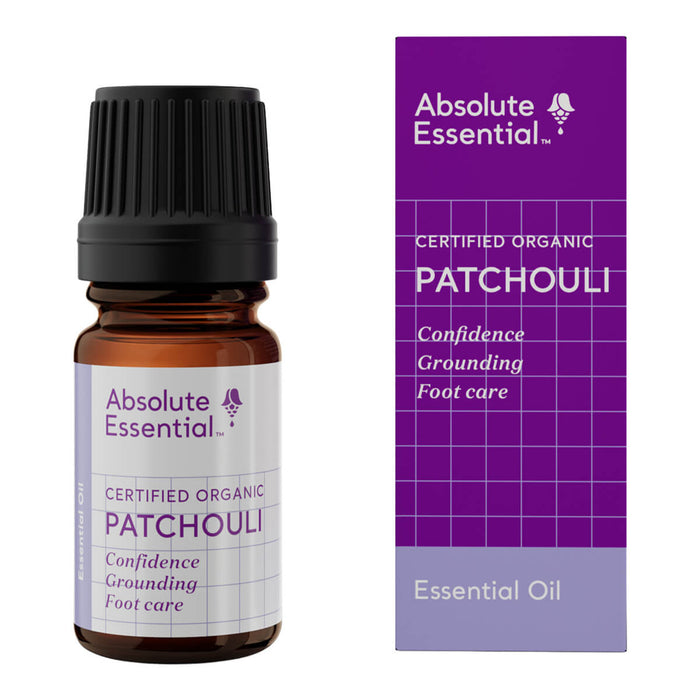 Absolute Essential Patchouli essential oil bottle and packaging on a white background.