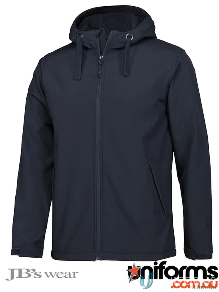 Navy blue JB’s Podium Three Layer Hooded Softshell Jacket with front zipper and side pockets