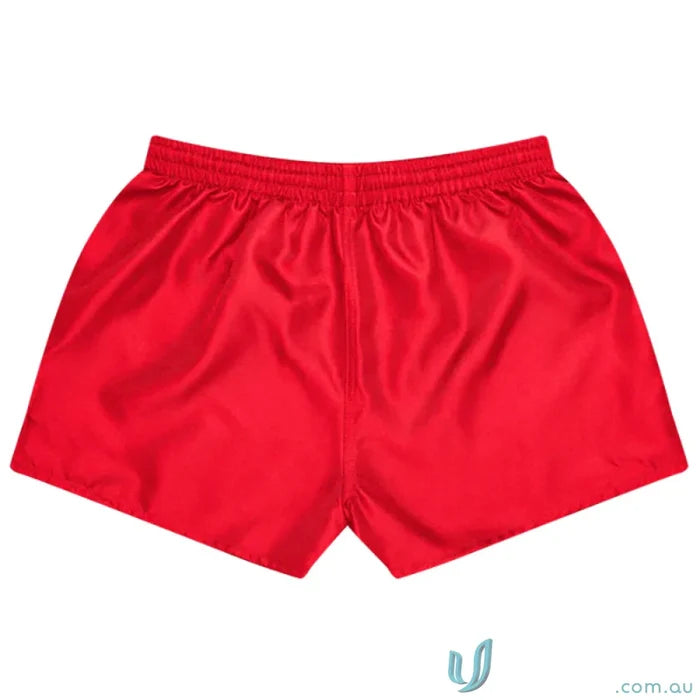 Red satin rugby shorts for kids, perfect for uniforms and sporty workwear