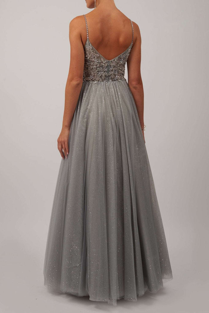 back image of silver full net tulle prom dress
