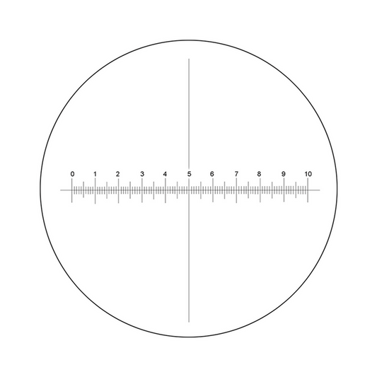 10mm/100 Div  X-Axis Cross Hair Scale Reticle ( Dia. 20.4mm), SKU RT20103131, three quarter front view