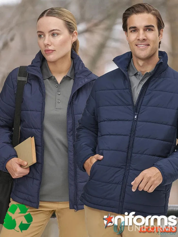 Navy puffer jackets from Winning Spirit 3D Cut with certified recycled PET for sustainable insulated puffer style