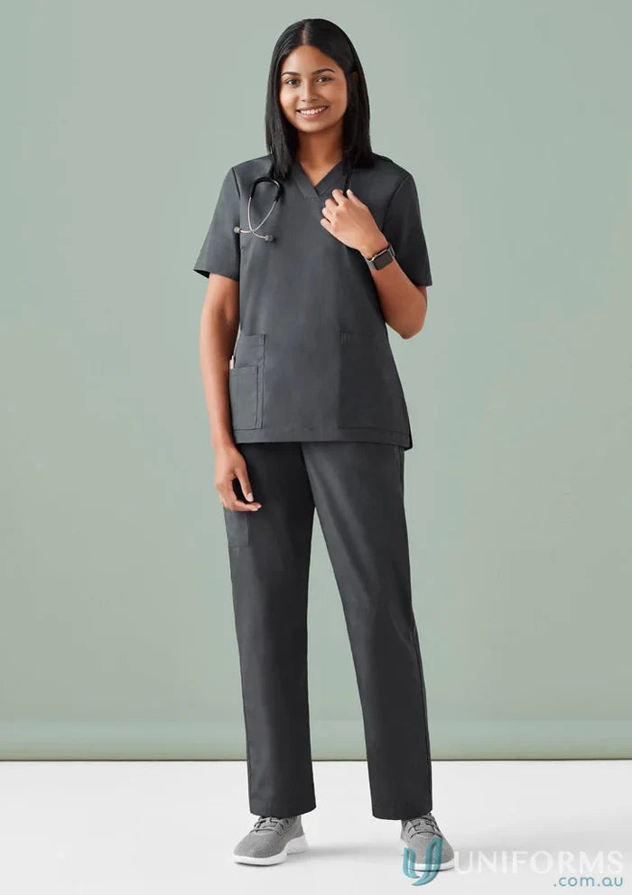 Gray BizCare Women’s Tokyo Scrub Pant with CSP143LL elastic waistband tabletop