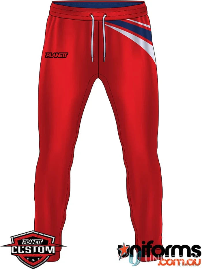 Red athletic pants from CR145 Custom Cricket Pants made with sublimated sports fabric