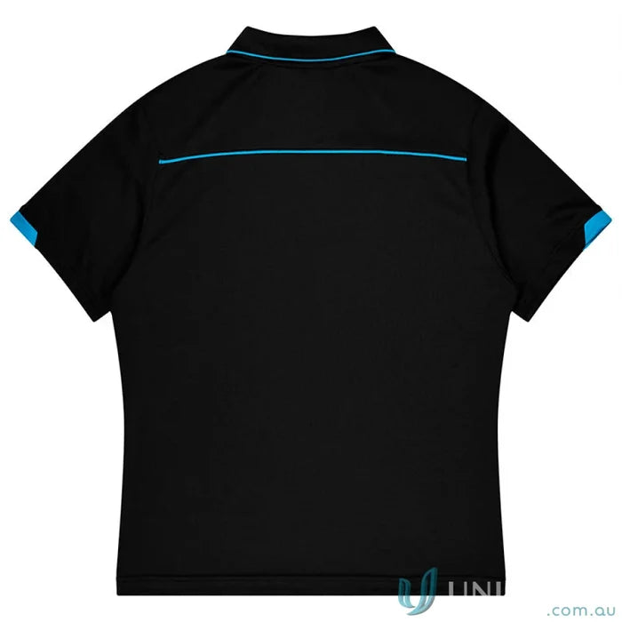 Black short-sleeved polo shirt with light blue stripe and cuffs, ideal workwear or uniforms