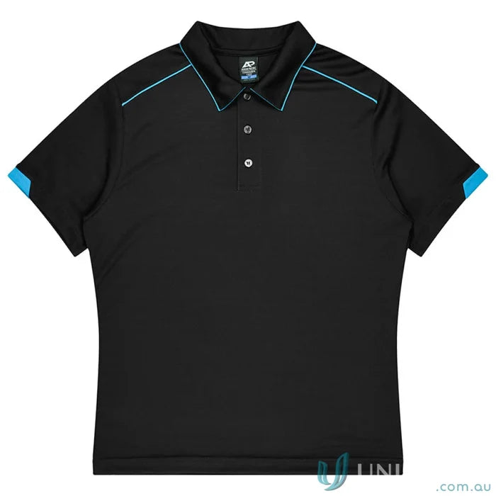 Black men’s polo shirt with blue trim from Currumbin-mens-polos, perfect for workwear