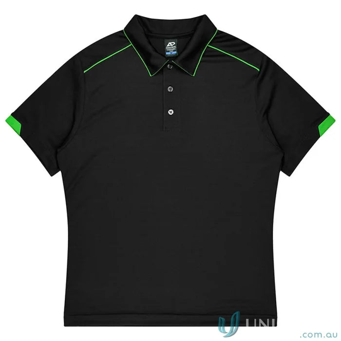 Black short-sleeve polo shirt with green trim for Currumbin mens workwear and uniforms