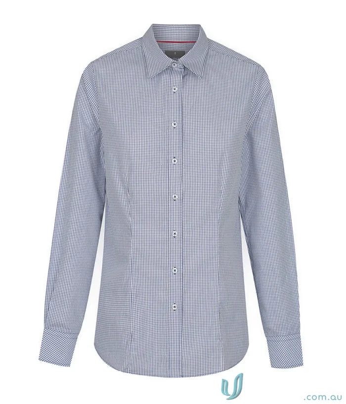 Blue and white checkered Fawkner Micro Check LS Shirt made with silk protein