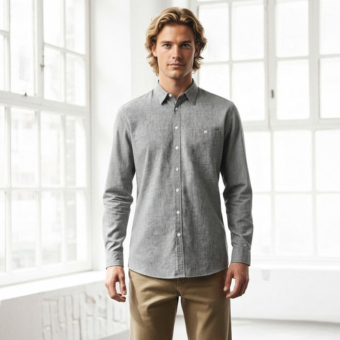 W71 men’s Floyd LS linen cotton shirt, gray textured long-sleeve button-down