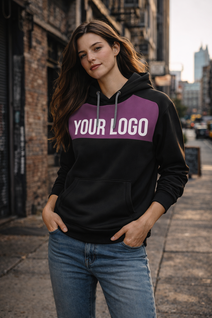 Black and purple color-blocked planett custom panel hoodie with gray drawstrings ideal for workwear and uniforms