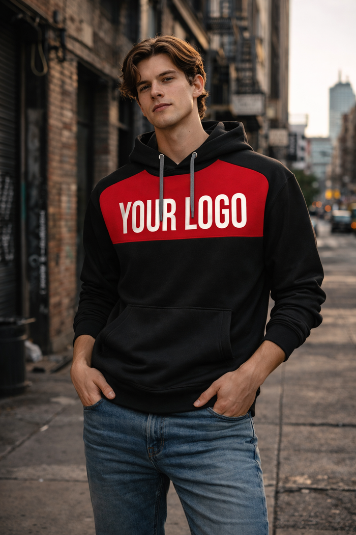 Planett custom panel hoodie black with bold red chest panel white your logo text gray drawstrings perfect for work uniforms