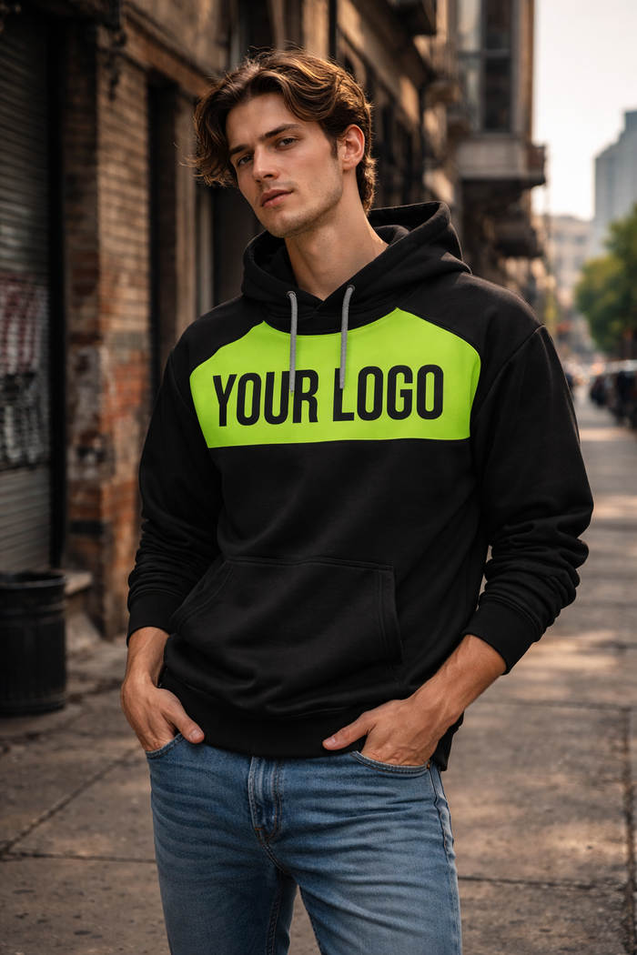 Black hoodie with neon green chest panel and gray drawstrings perfect for custom workwear and uniforms