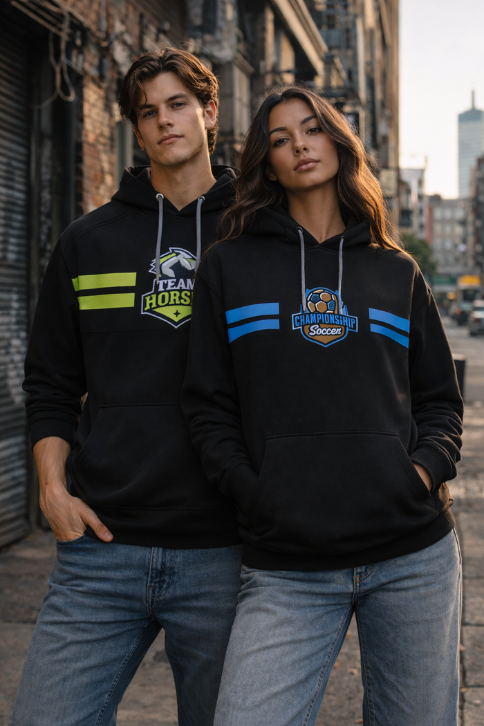 Black custom stripe hoodie with bold team logos green and blue stripes and matching drawstrings for work uniforms