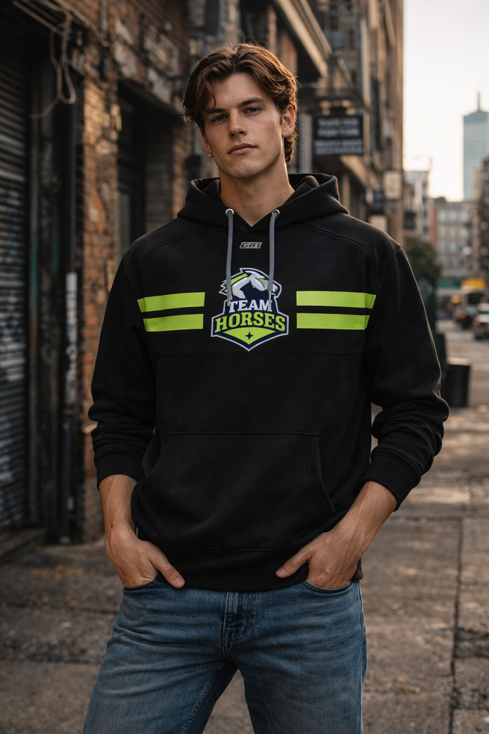 Black team horses custom stripe hoodie with neon green stripes and chest logo perfect for work uniforms and workwear