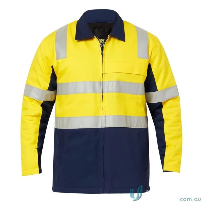 Yellow and navy blue HiVis Cotton Reflective Jacket for day and night safety