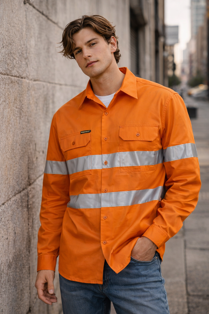Bright orange hi vis cotton work shirt with reflective csr tape perfect for work uniforms and safety workwear