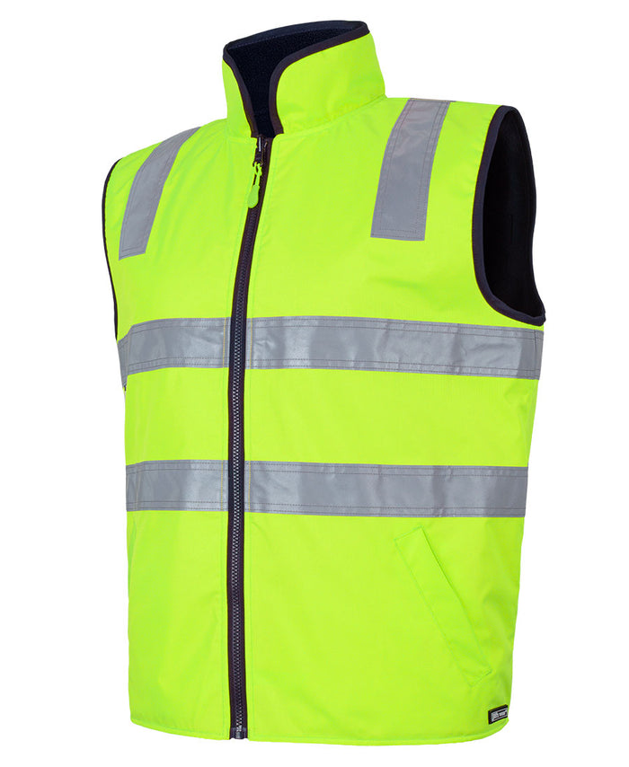 Bright lime green hi vis reversible vest with reflective stripes black lining perfect for workwear uniforms