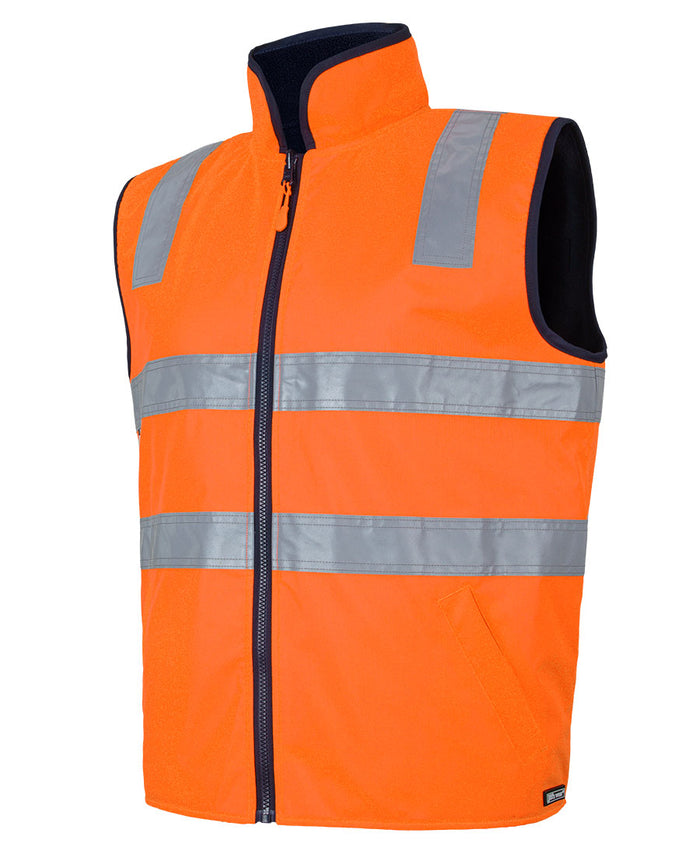Bright orange hi vis reversible vest with reflective stripes and black zipper perfect for workwear uniforms