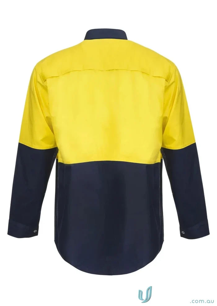 HiVis Lightweight Drill Food Industry Shirt with yellow top and dark blue bottom