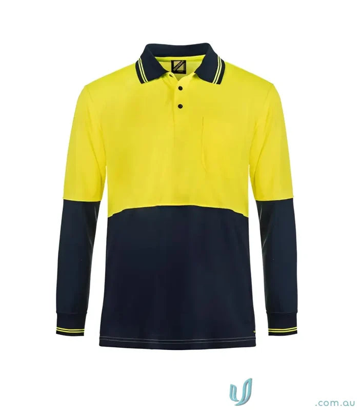 Hi-vis polo shirt for logistics teams with yellow and navy design, long sleeves, chest pocket