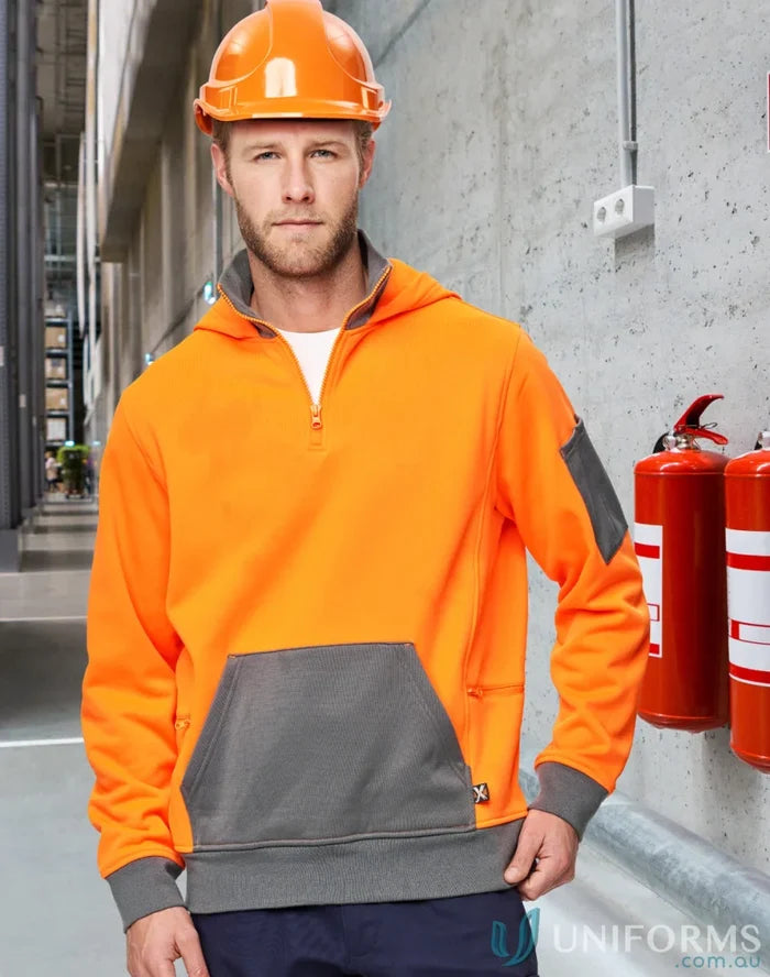 Orange and gray HiVis Qtr Zip Premium Fleece Hoodie with half-zip for winning spirit