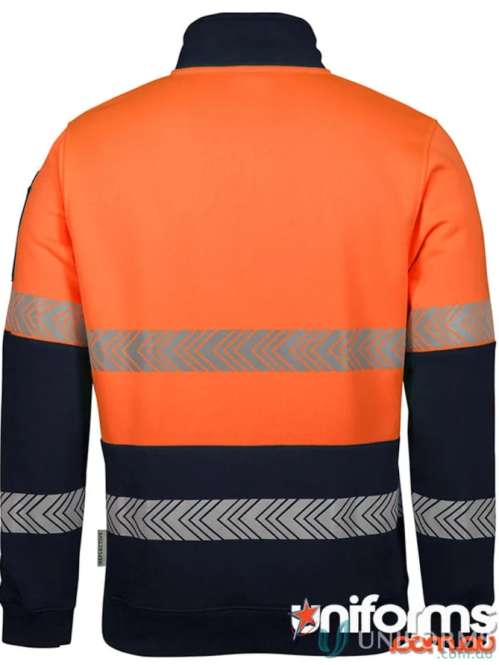 Orange and navy blue work shirt with reflective stripes and vis zip segmented tape