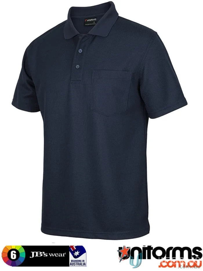 Navy blue JB’s Podium Waffle Pocket Polo shirt with three buttons and chest pocket