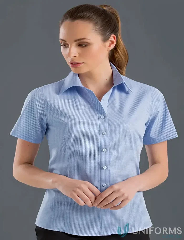 Light blue women’s short sleeve multi check shirt from 355-jk Keval Women’s collection