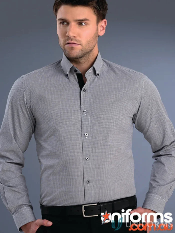 Keval Men’s Slim Fit LS Small Check shirt in light gray with black collar details