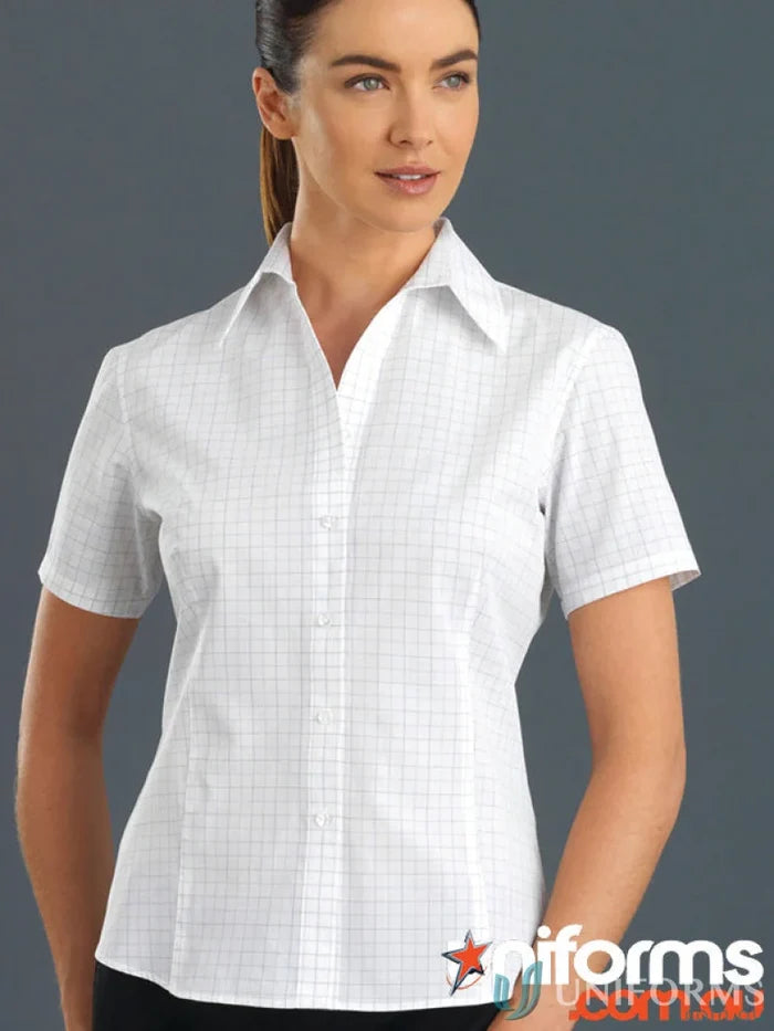 Keval women’s short white window check shirt with short sleeves and collar
