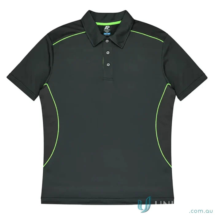 Kuranda Mens Polo with ice hole mesh, dark gray short-sleeve polo shirt with lime green piping