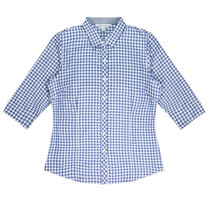 Brighton lady shirt: blue white gingham 3Q sleeve button-up