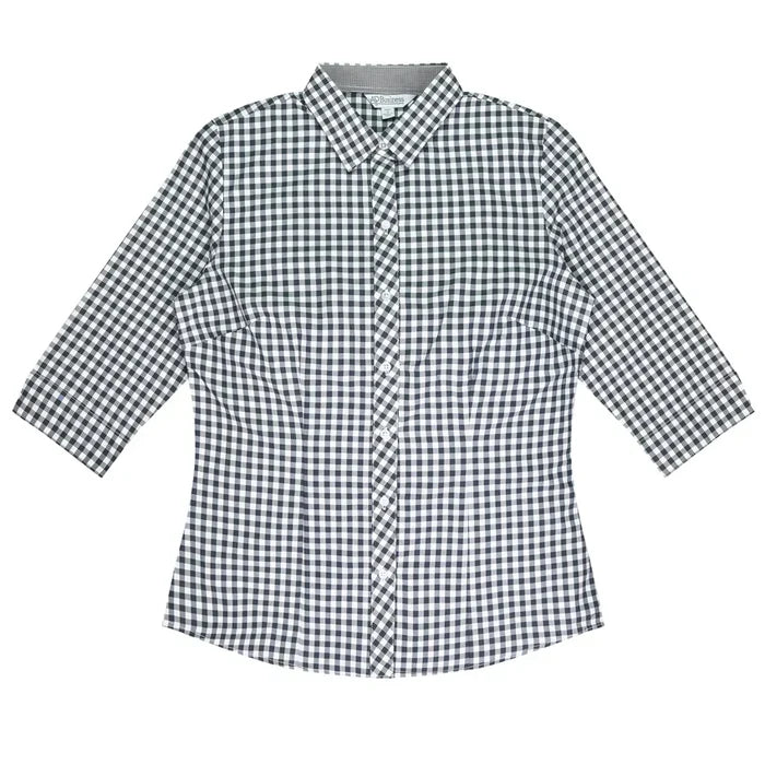 Ladies Brighton 3Q shirt in black white gingham, 3-quarter sleeves