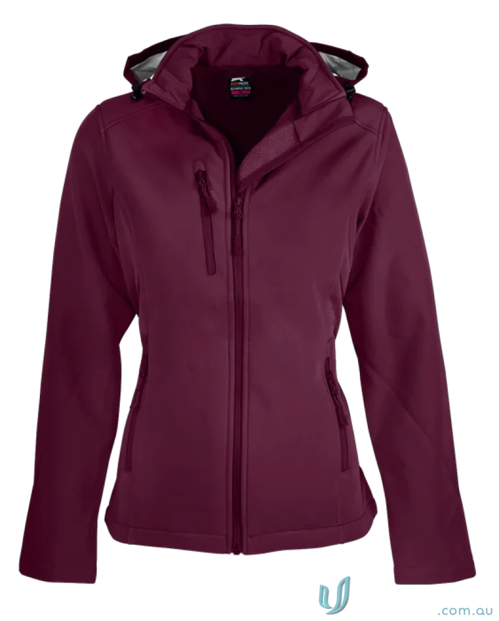 Ladies Olympus Jacket Burgundy hooded softshell with chest zip pocket for outdoor ease