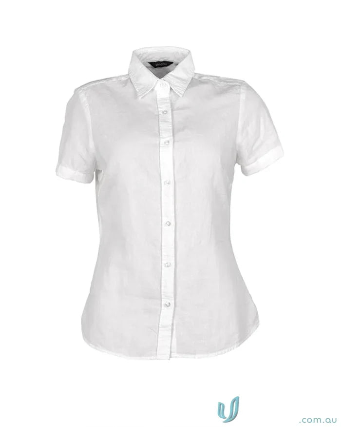 White ladies Floyd linen cotton shirt with short sleeve for a casual chic look