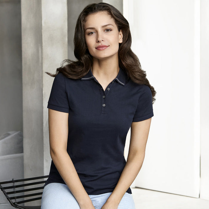 Ladies Lorne cotton jersey knit polo in navy blue with white trim