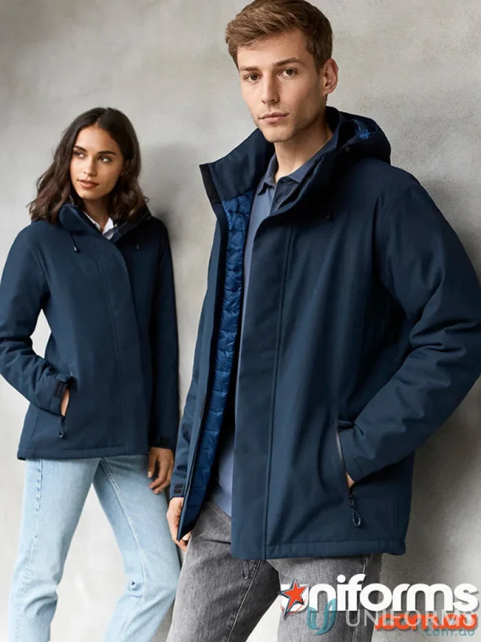 Two women wearing navy Ladies Waterproof Eclipse Jackets with waterproof zippered pockets and detachable hoods