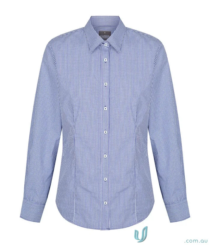 Women’s long-sleeved blue and white gingham shirt with classic collar perfect for workwear and uniforms in large sizes
