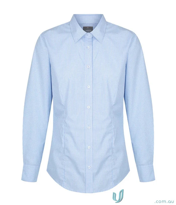 Light blue womens workwear button down shirt with subtle vertical pinstripes perfect for uniforms and work uniforms