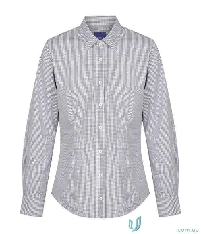 Women’s Westgarth gingham LS shirt with gray white pinstripes classic collar perfect for workwear and uniforms