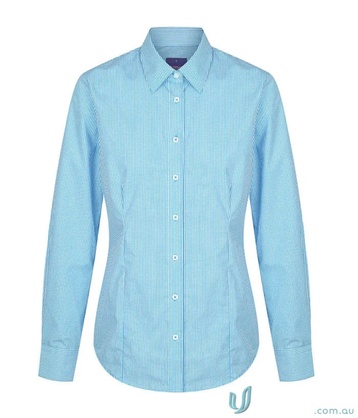 Light blue and white fine-striped women’s long-sleeved button-down shirt perfect for workwear and uniforms