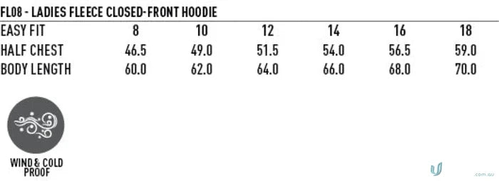 Ladies fleece hoodie size chart for LIDS Navy Hoodie, perfect for uniforms or workwear