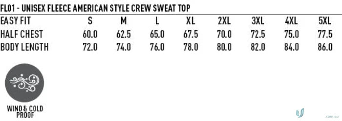 Unisex fleece sweatshirt size chart for work uniforms and workwear like LIDS (PRINT) Navy Crewneck