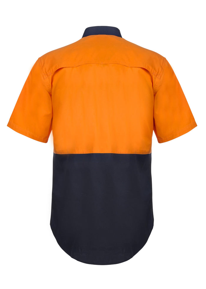 Lightweight HiVis orange navy vented cotton drill shirt front