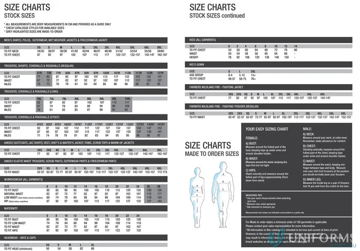 Size charts for lightweight HiVis S/S Vented Cotton Drill Shirt and drill shirts
